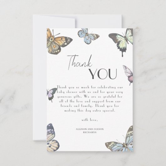 小さなカラフル蝶の赤ちゃんシャワー サンキューカード (正面)