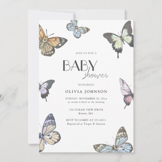 小さなカラフル蝶の赤ちゃんシャワー 招待状 (正面)