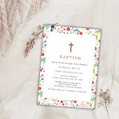 小さなカラフル野花の枠のクロス洗礼 招待状