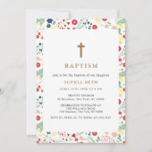 小さなカラフル野花の枠のクロス洗礼 招待状 (正面)