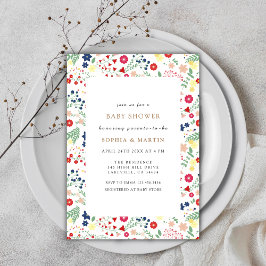 小さなカラフル野草花枠の赤ちゃんシャワー 招待状