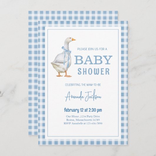 小さなガチョウの青の赤ちゃんシャワー 招待状 (正面/裏面)