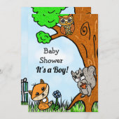 小さなキツネと森の友人ボーイズベビーシャワー 招待状 (正面/裏面)
