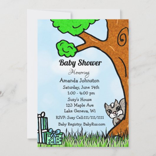 小さなキツネと森の友人ボーイズベビーシャワー 招待状 (裏面)