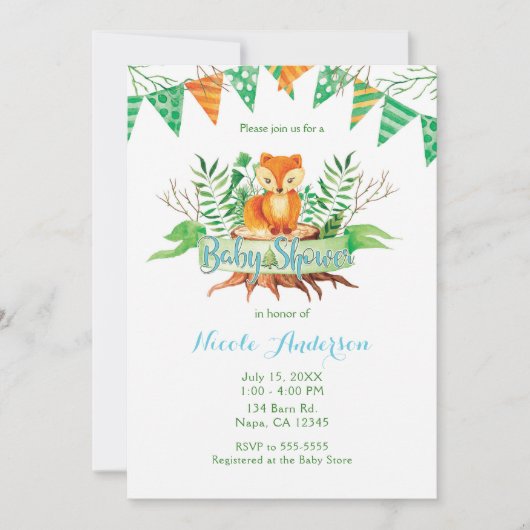 小さなキツネの森の水の色の赤ちゃんシャワー 招待状 (正面)