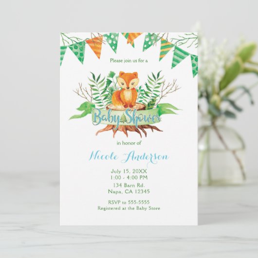 小さなキツネの森の水の色の赤ちゃんシャワー 招待状 (スタンド正面)