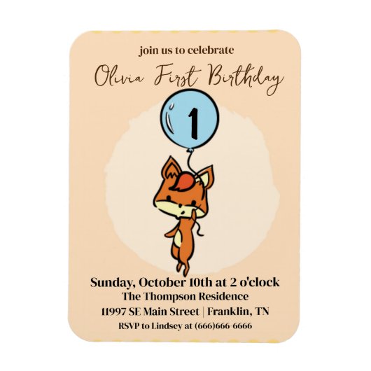 小さなキツネバルーン付き1st誕生日 マグネット (縦)