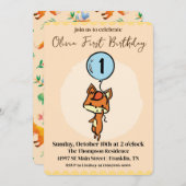 小さなキツネバルーン付き1st誕生日 招待状 (正面/裏面)
