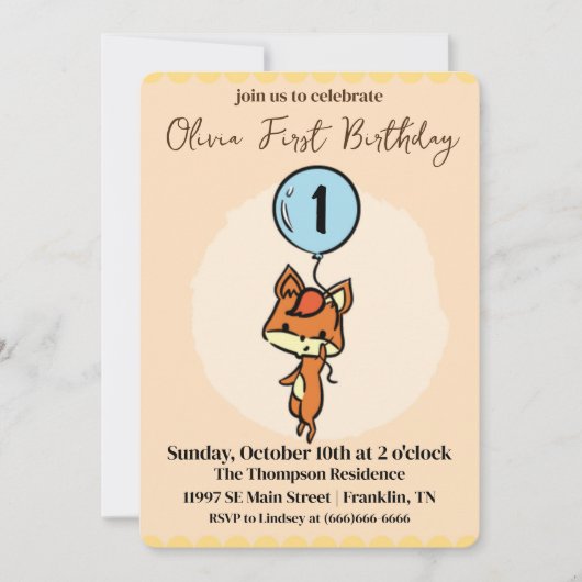 小さなキツネバルーン付き1st誕生日 招待状 (正面)