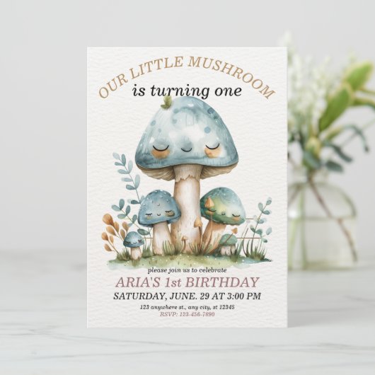 小さなキノコお洒落の森、1歳の誕生日 招待状 (スタンド正面)