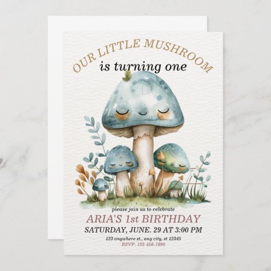 小さなキノコお洒落の森、1歳の誕生日 招待状 (正面/裏面)