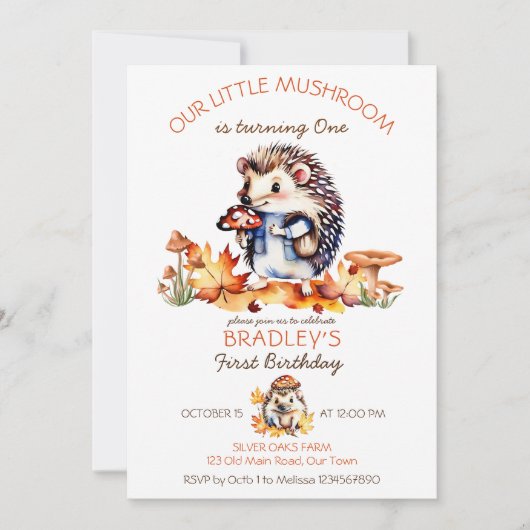 小さなキノコかわいいハリネズミのキノコの誕生日 招待状 (正面)