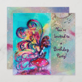 小さなキノコのエルフ、ピンクと黄色と青の輝き 招待状 (正面/裏面)