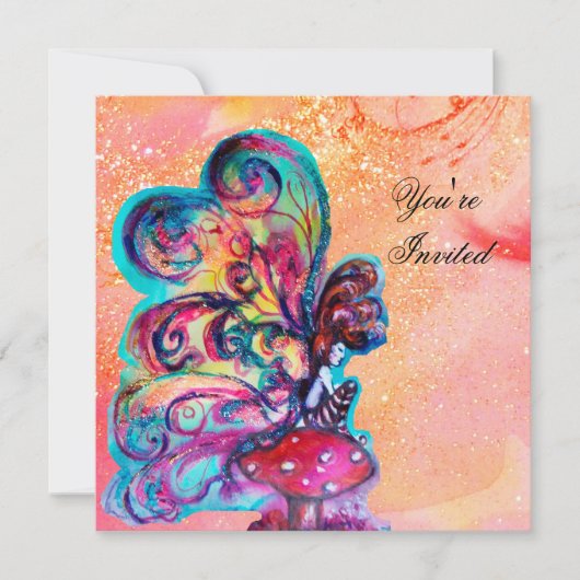 小さなキノコのエルフ、ピンクと黄色の輝きの金 招待状 (正面)