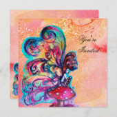 小さなキノコのエルフ、ピンクと黄色の輝き、黄金 招待状 (正面/裏面)