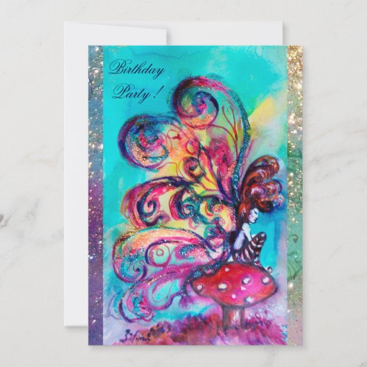 小さなキノコのエルフ、ピンク黄色青の輝き 案内状 (正面)