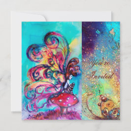 小さなキノコのエルフ、ピンク 緑 青の輝き 招待状