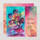 小さなキノコのエルフ、ピンク 緑 青の輝き 招待状 (正面/裏面)