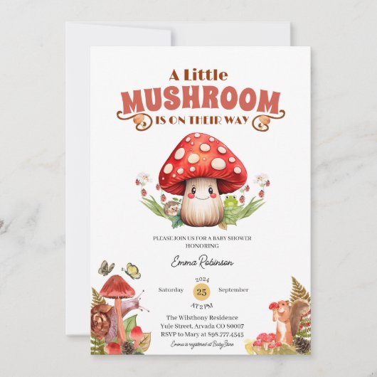 小さなキノコの蝶のガカスタムスの赤ちゃんシャワー 招待状 (正面)