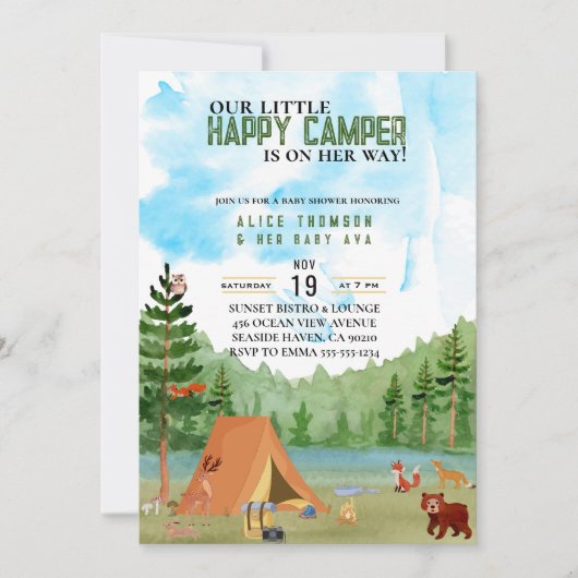 小さなキャンパーのキャンプの冒険の森の赤ちゃんシャワー 招待状 (正面)