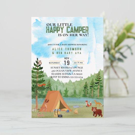小さなキャンパーのキャンプの冒険の森の赤ちゃんシャワー 招待状 (スタンド正面)