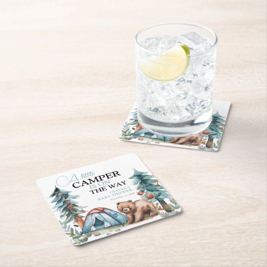 小さなキャンパーの森の赤ちゃんシャワー スクエアペーパーコースター (インサイチュ)