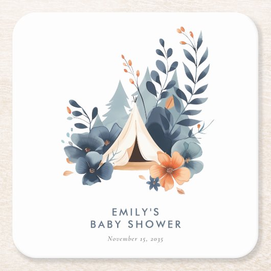 小さなキャンパーの森の赤ちゃんシャワー スクエアペーパーコースター (正面)