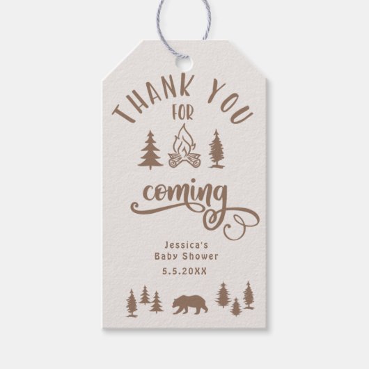 小さなキャンパー茶色の森の赤ちゃんシャワー ギフトタグ (正面)