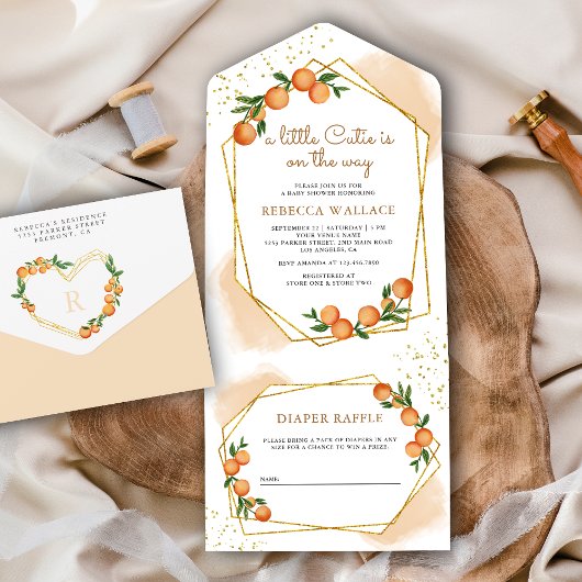 小さなキュートなタンジェリンシトラスオレンジのベイビーシャワー オールインワン招待状