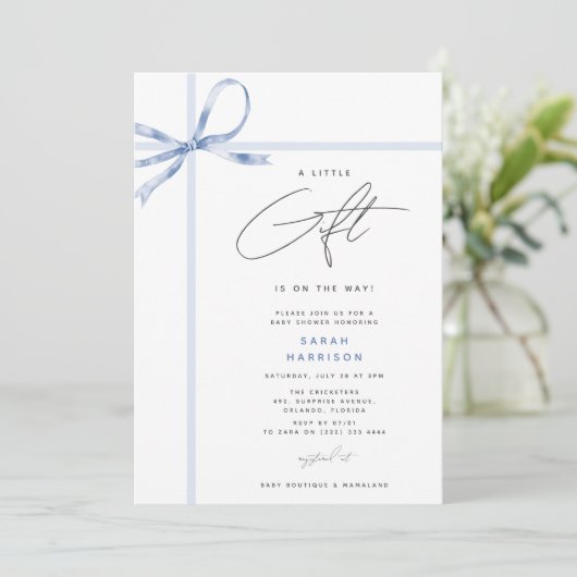小さなギフトのリボン男の子の赤ちゃんシャワー 招待状 (スタンド正面)