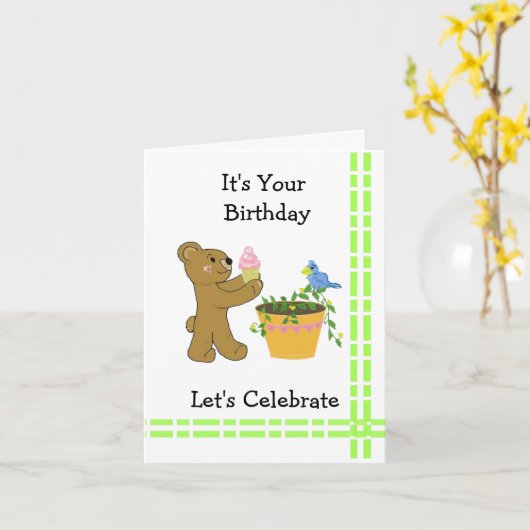 小さなクマとアイスクリームコーン カード (黄色い花)