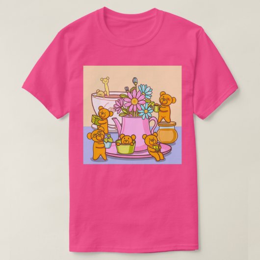 小さなクマのバリスタとコーヒーショップのステッカー熊 Tシャツ (デザイン正面)