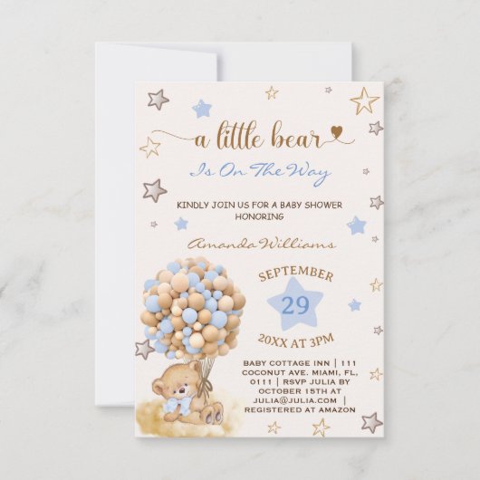 小さなクマの青い男の赤ちゃん 招待状 (正面)