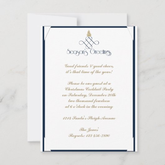 小さなクリスマスツリーと青いスクロール 招待状 (正面)
