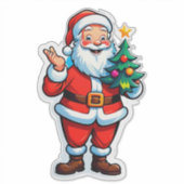 小さなクリスマスツリーを持つ幸せなサンタクロース シール (正面)
