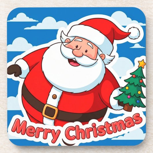 小さなクリスマスツリーを持つ陽気なサンタクロース コースター (正面)