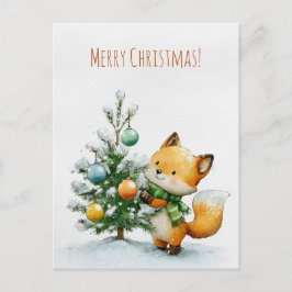 小さなクリスマスツリーを飾るかわいいキツネ、 ポストカード