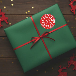 小さなクリスマス封筒用シールとリースモノグラム ラウンドシール
