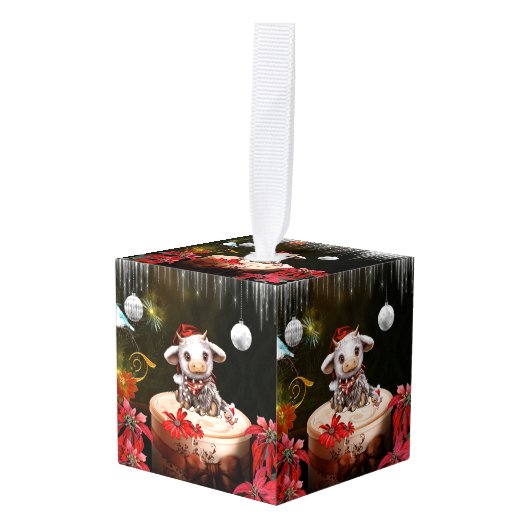 小さなクリスマス牛 キューブオーナメント (正面アングル)