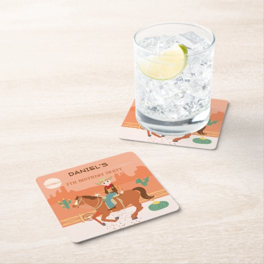 小さなクールカウボーイと馬の誕生日パーティー スクエアペーパーコースター (インサイチュ)