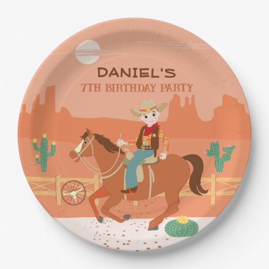 小さなクールカウボーイと馬の誕生日パーティー ペーパープレート (正面)