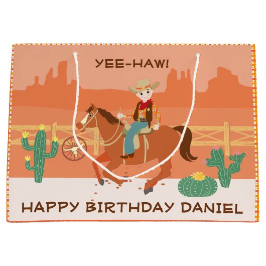 小さなクールカウボーイと馬の誕生日パーティー ラージペーパーバッグ (正面)