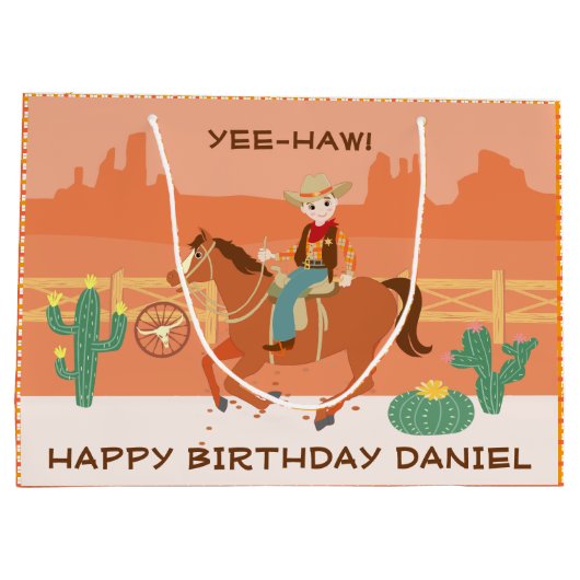小さなクールカウボーイと馬の誕生日パーティー ラージペーパーバッグ (裏面)