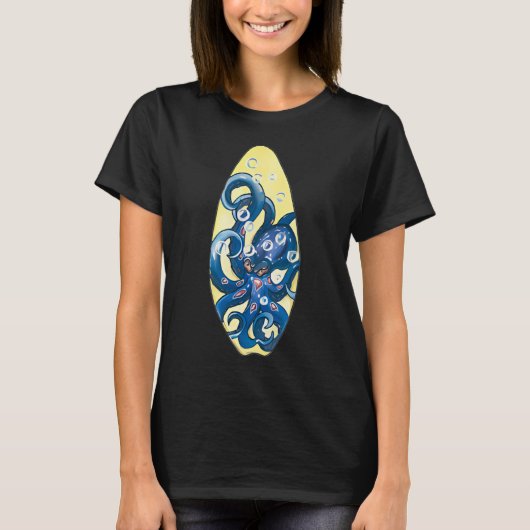 小さなサイズの模様の青いタコ 編集済み水彩画 Tシャツ (正面)