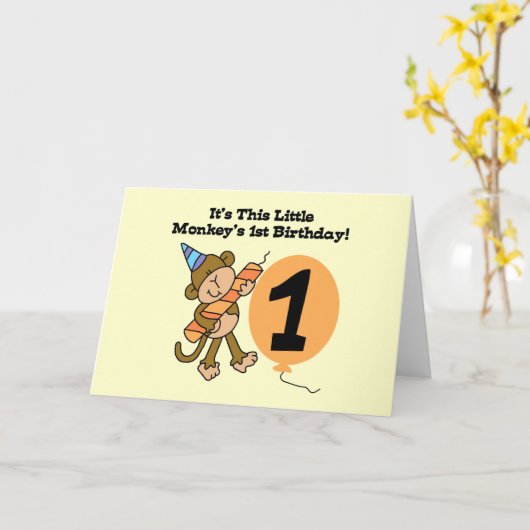小さなサルの1回目の誕生日Tシャツと贈り物 カード (黄色い花)