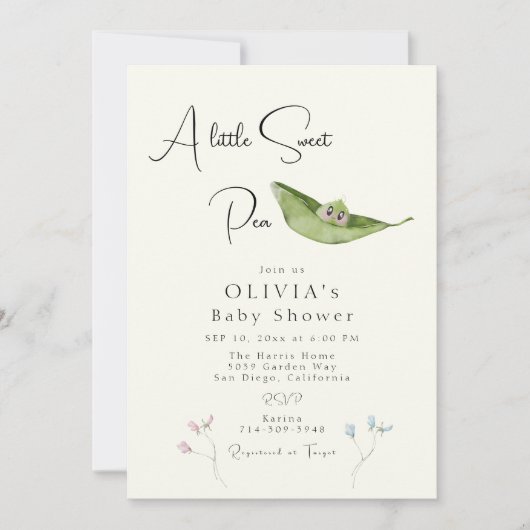 小さなスイートピーの赤ちゃんシャワー 招待状 (正面)