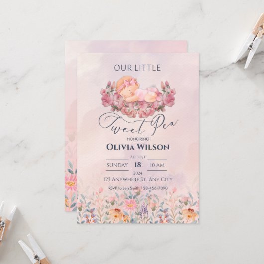 小さなスイートピー |かわいいピンクの花ベビーシャワー 招待状 (正面/裏面インサイチュ)