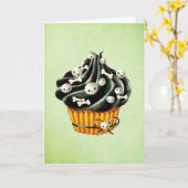 小さなスカルの黒いハロウィーンカップケーキ カード (黄色い花)
