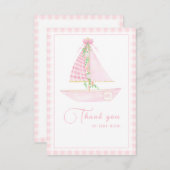 小さなスキッパーピンクの格子柄のパステルの赤ちゃんシャワー サンキューカード (正面/裏面)