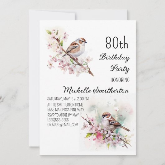 小さなスズメさくらんぼの花春80誕生日 招待状 (正面)